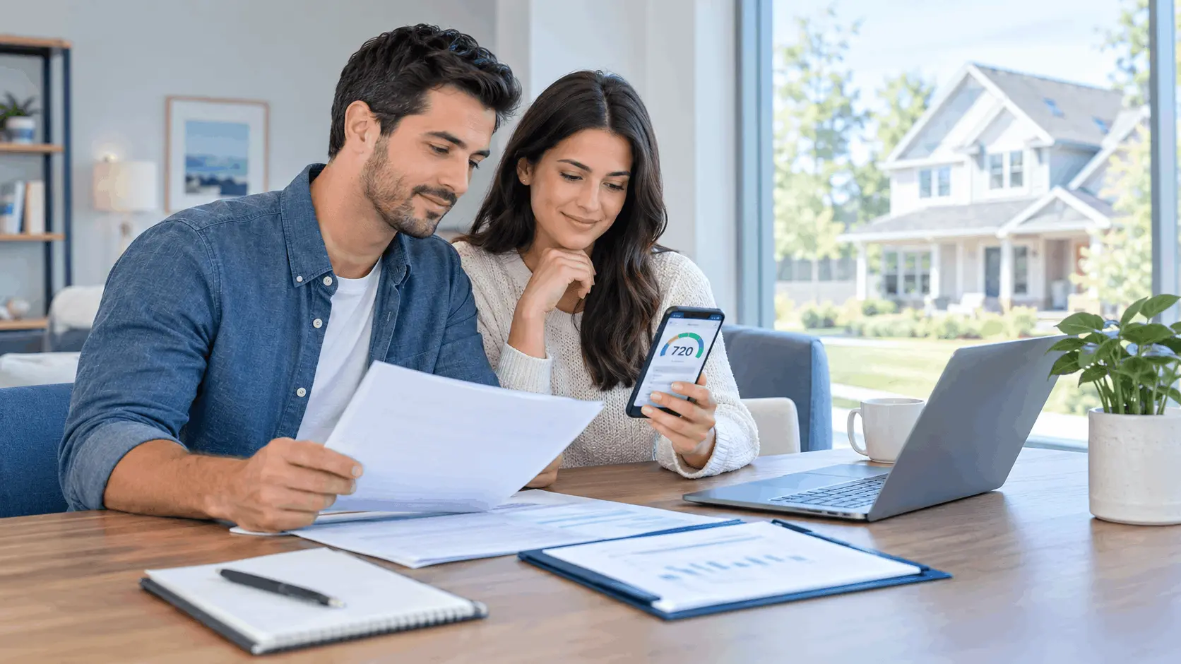 American couple reviewing credit score before buying a house