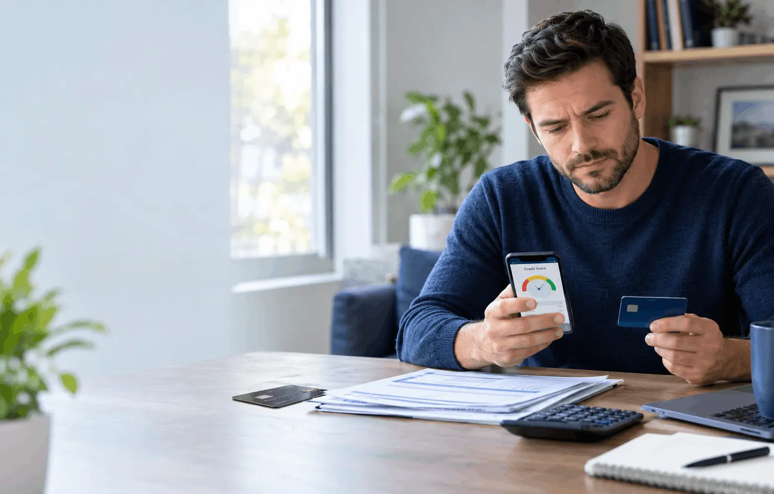 American consumer reviewing a credit card and credit score before closing an account